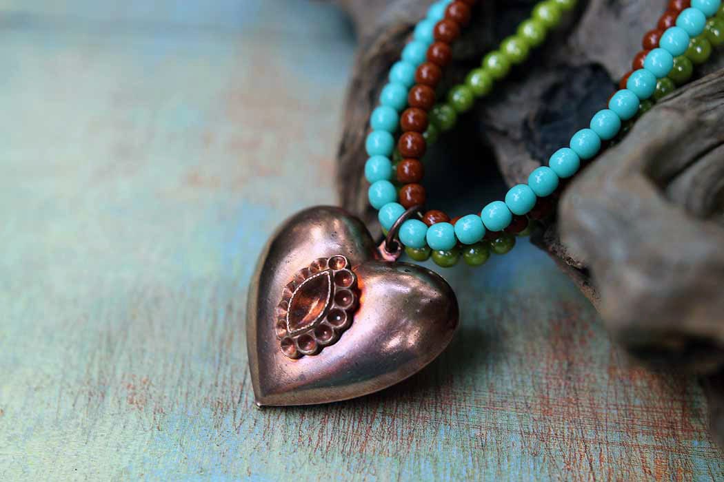 Sacred Heart Pendant - Mexican Folk Art Inspired - Rustic Vintage Copper - Avocado Green, Cinnamon Brown, Turquoise - Summer - Gift Box