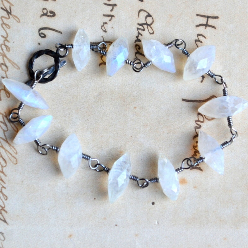 Rainbow Moonstone Bracelet Oxidized Sterling Silver Wire Wrapped