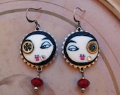 Steampunk Silver pierrot earrings FRENCH clown watch parts blood red beads paris jewellery polymer clay