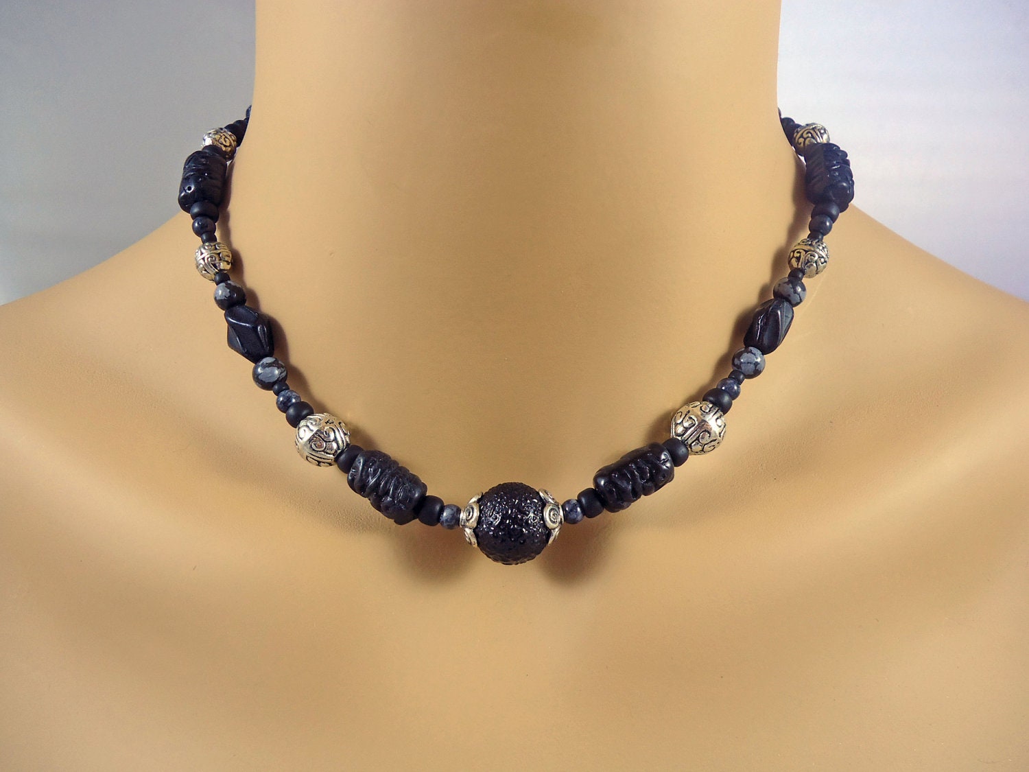 Bali Style Scroll Beads Snowflake Obsidian Choker Necklace