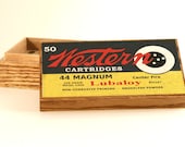 Oak cartridge box for .44 Magnum with reproduction Western label
