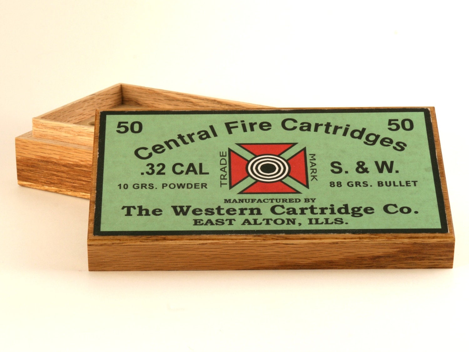 Oak cartridge box for .32 Smith and Wesson with reproduction Western label