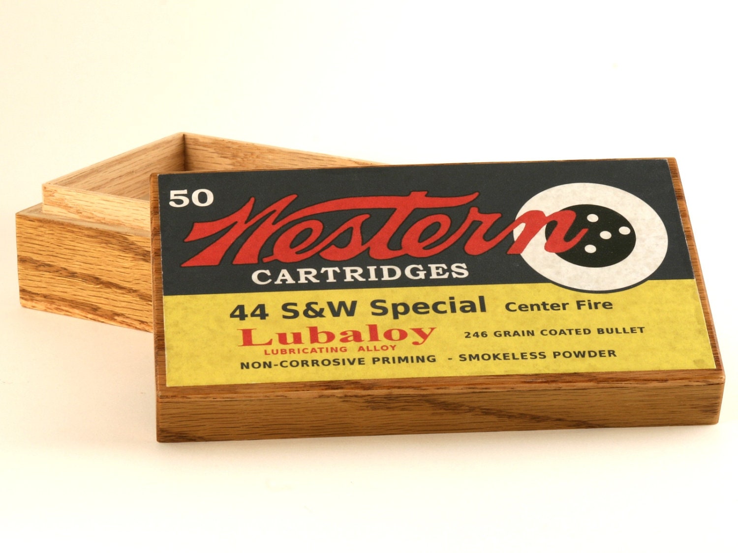 Oak cartridge box for .44 Special with reproduction Western label