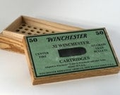 Oak cartridge box for .32-20 Winchester with reproduction label