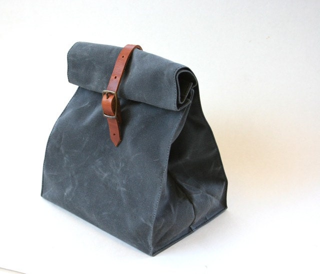Charcoal Gray Waxed Canvas Lunch Bag Tote, overlap