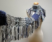 storm rider. hand knitted fringe scarf . rain cloud navy blue pale fog gray silver lightning . warm winter accessories fiber art knitwear