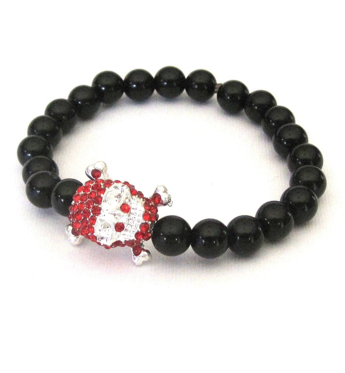 Red Rhinestone Skull and Crossbones Stretch Stack Bracelet with black jasper beads