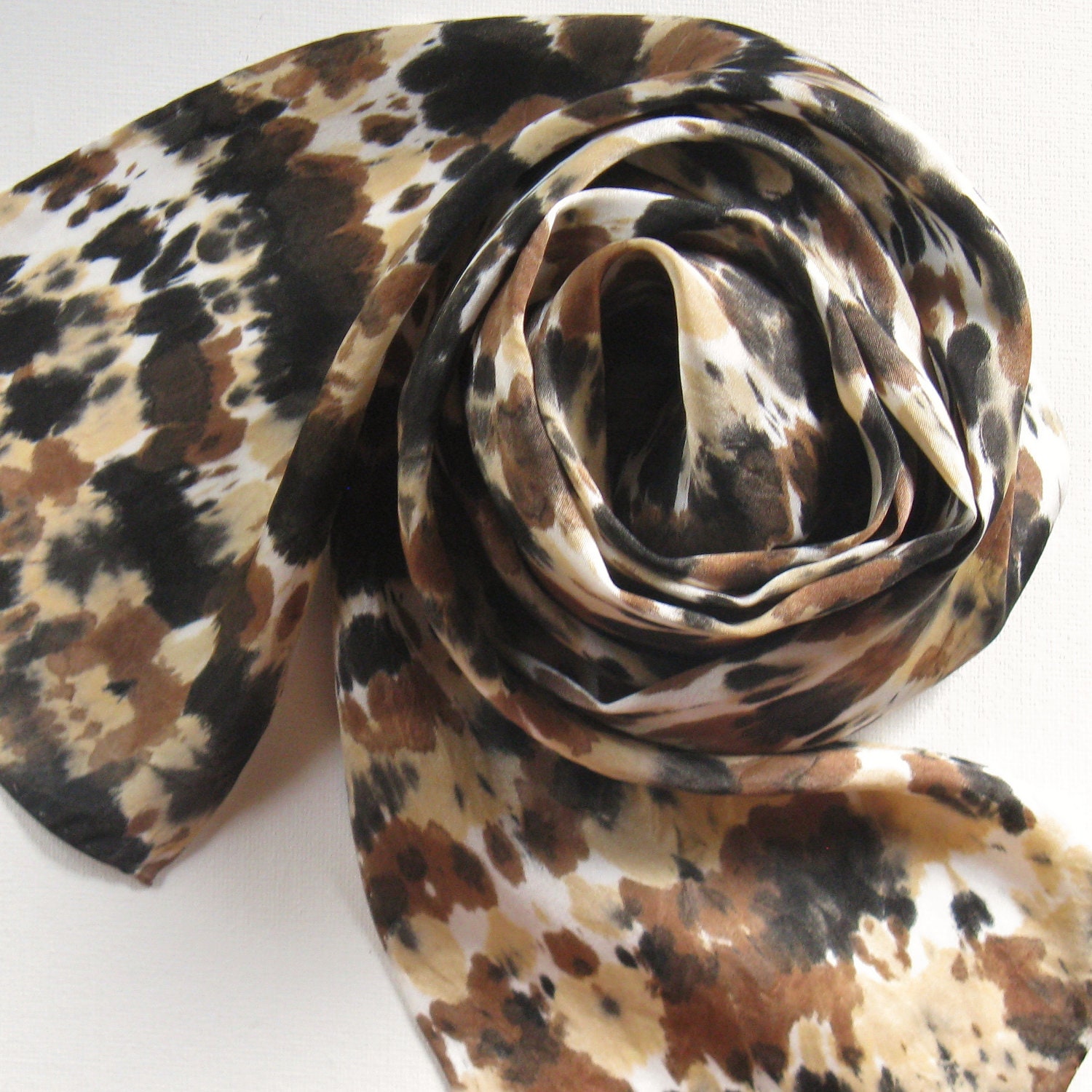 Silk Scarf - Wild - Hand Painted Ladies Skinny Scarves Belt Sash Brown Black White Tan Animal Print Leopard Tie Dyed
