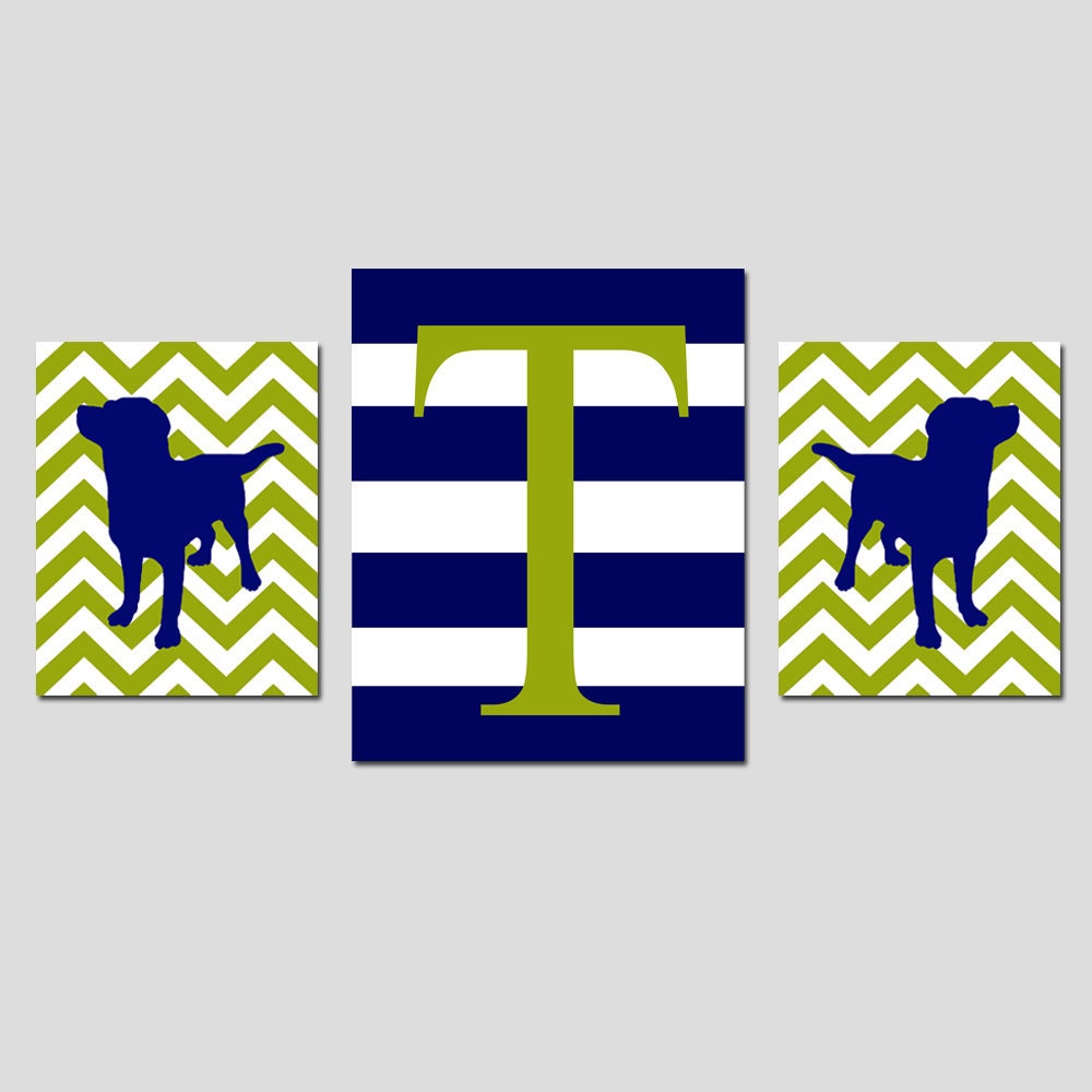 Kids Wall Art - Striped Chevron Monogram Puppy Dog Trio - Set of Three Nursery Prints - 8x10 and 11x14 - Initial - Choose Your Colors
