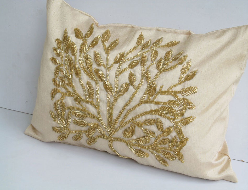 Honey gold 12X18 inch tree pillow cover with gold tree beadwork - handmade