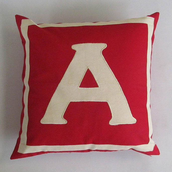 Letter A bright red and cream monogrammed pillow cover 18 inch IN STOCK