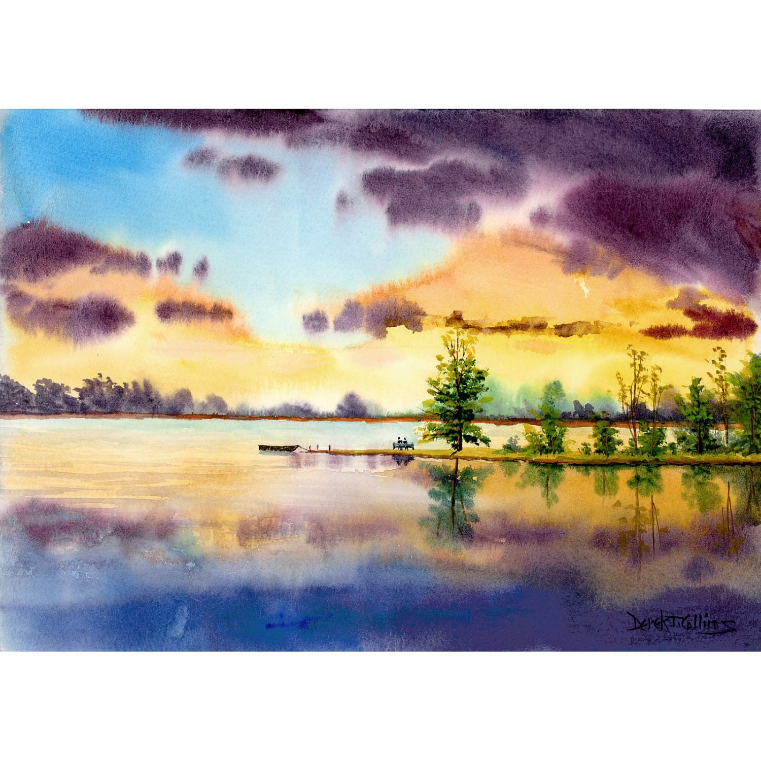 Watercolor Landscape Painting  Print Lake LOVERS at sunset  Boat Reflections Giclee Reproduction  10x14