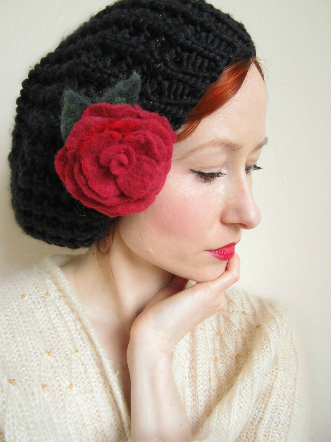 SALE Black Knit Beret With Red Rose