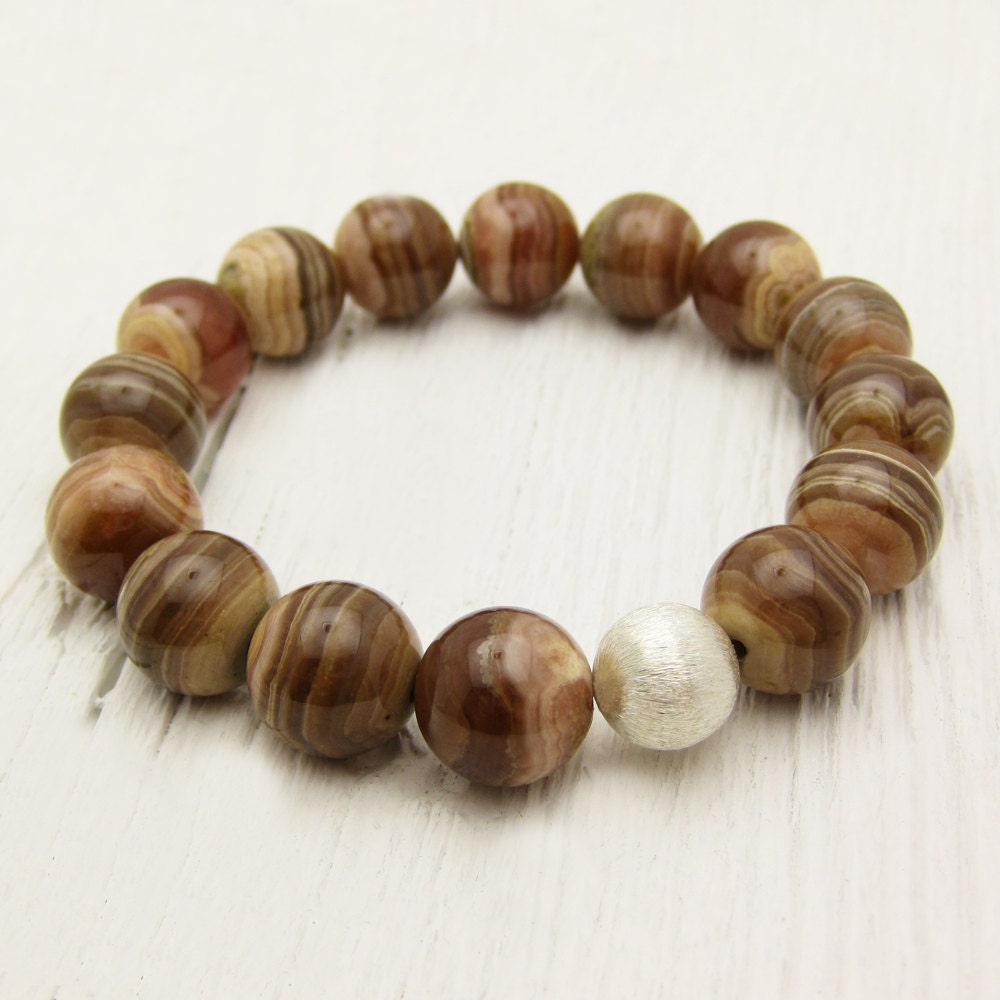 Rhodocrosite Luxury Sterling Silver Bracelet / statement caramel brown striped pink peach honey gold tones / bohemian elegant autumn colors