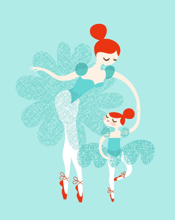 ballerina mother and daughter / sisters. aqua blue, turquoise, redhead. 8X10