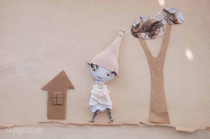 Cappuccino Gnome - Art doll brooch mixed media collage