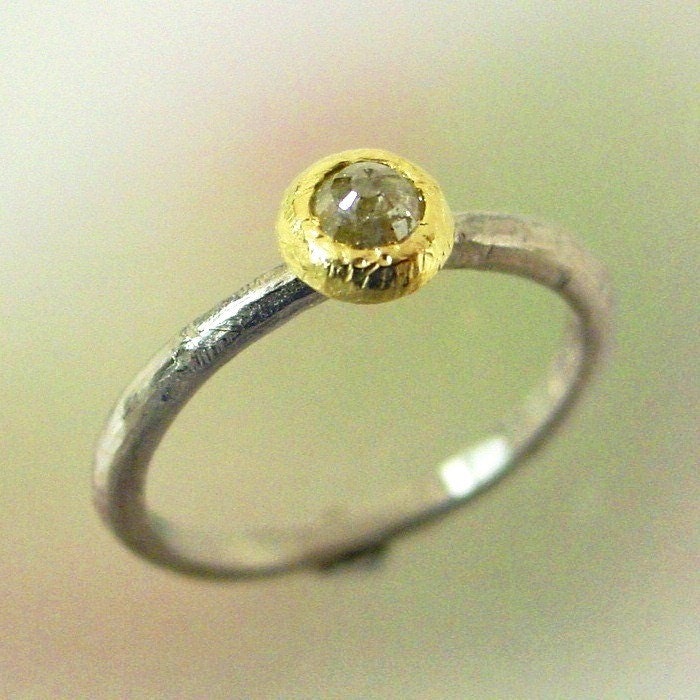 Diamond Engagement Ring, Rustic Diamond Ring, Rose Cut Diamond Ring, White Gold Yellow Gold, Stacking Ring, Ready to Ship