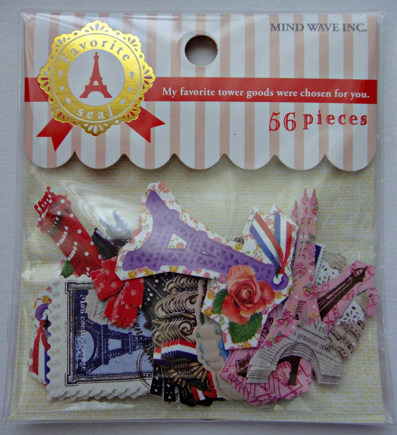 Cute French Eiffel Tower Japanese Sticker Flakes Set - Bow, Roses, Red, White, Blue, Butterfly, Photo Frame, Floral, Postage Stamp, Dove
