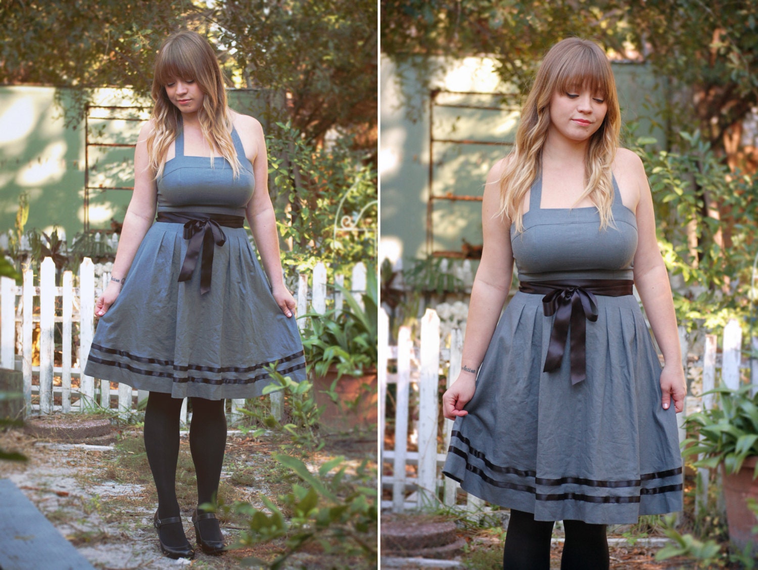 Hayley Linen Charcoal Halter Dress with Black Ribbon Trim and Sash - Several Colors