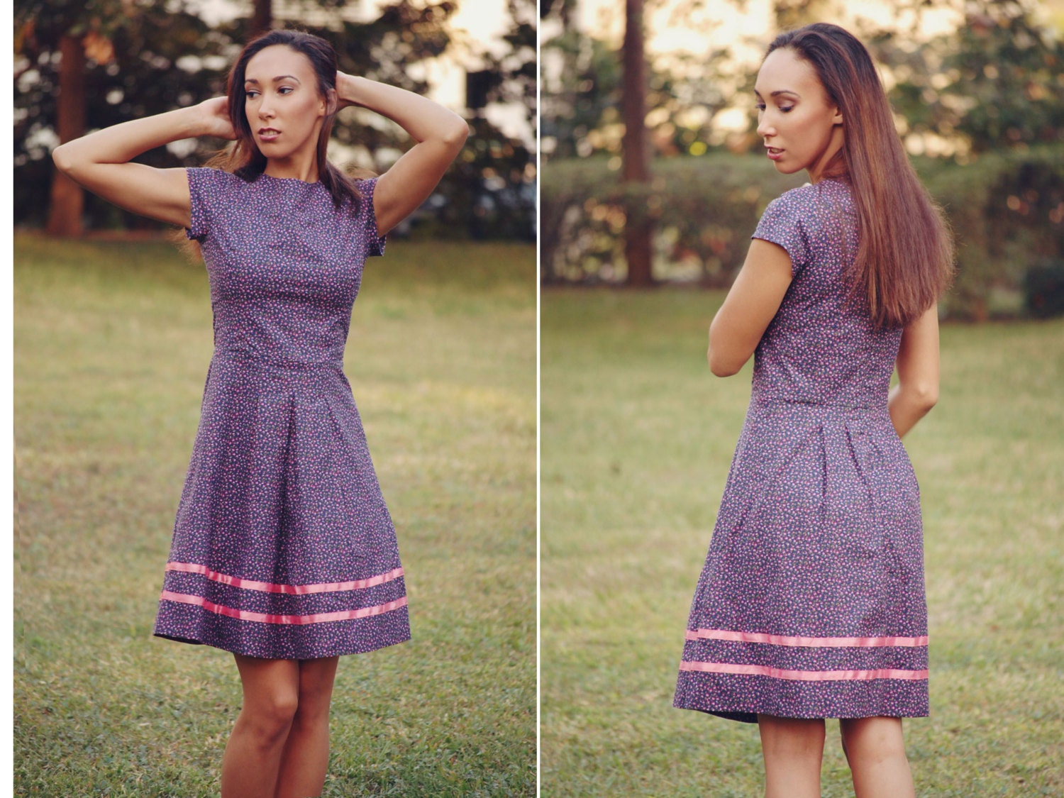 Tiny Floral Cotton Lily Dress with Ribbon Hem, Pleated Skirt and Cap Sleeves - Custom Size
