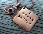 Ready to ship- hand stamped square key chain- copper square stamped with I shoot people and camera charm