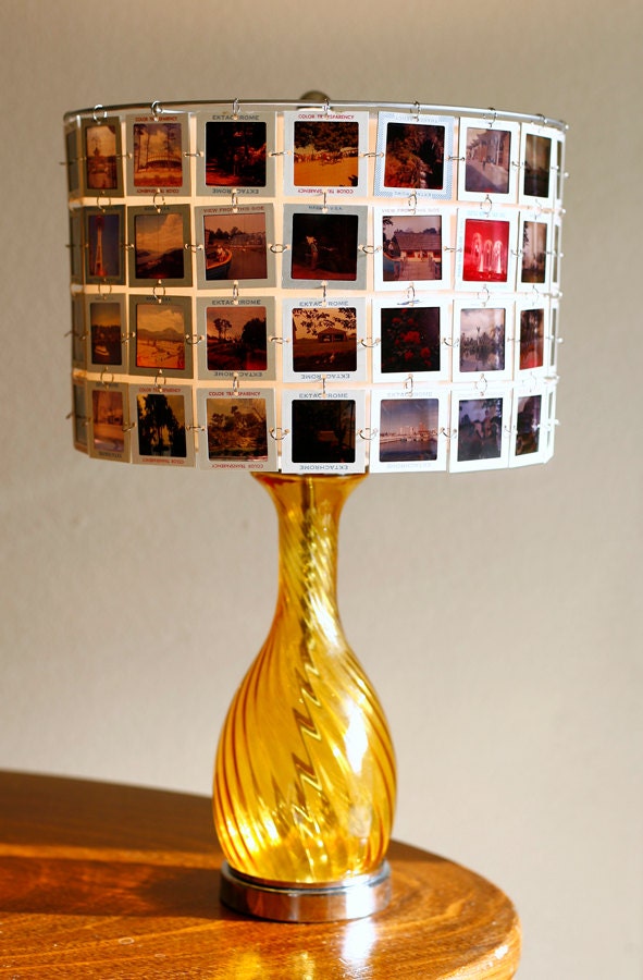 Lampshade made from vintage slides with amber glass base.