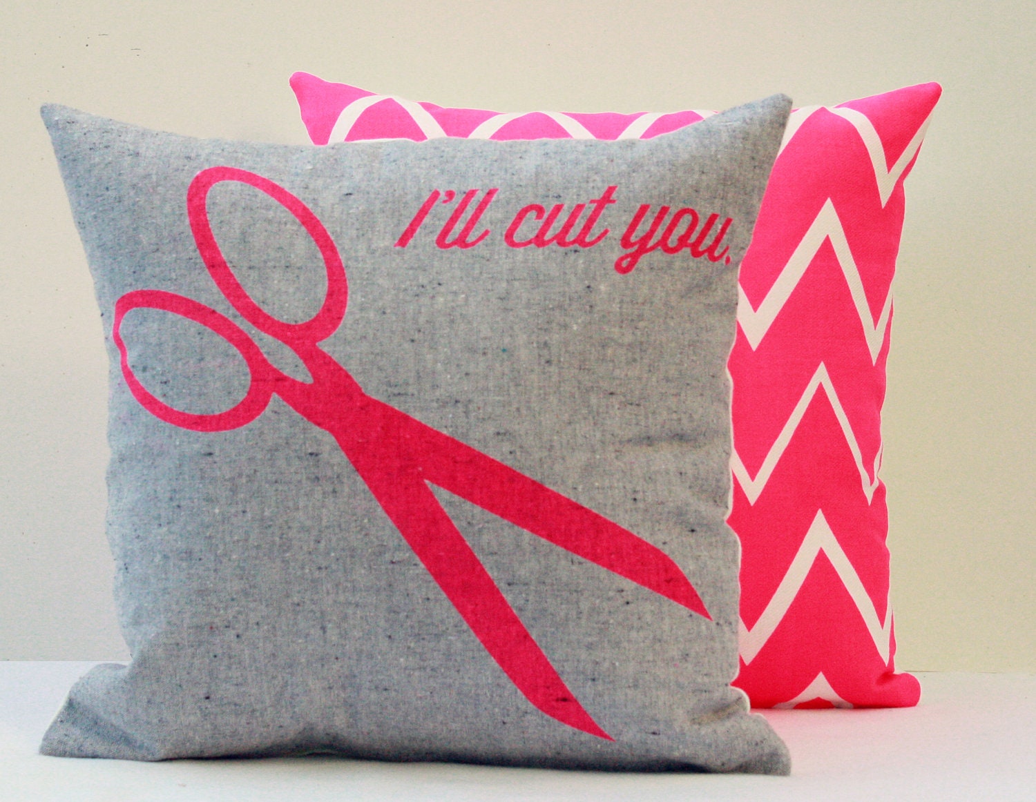 Truly Outrageous - As seen in Real Simple magazine, set of two, neon pink, organic chevron screen printed pillows 12x12