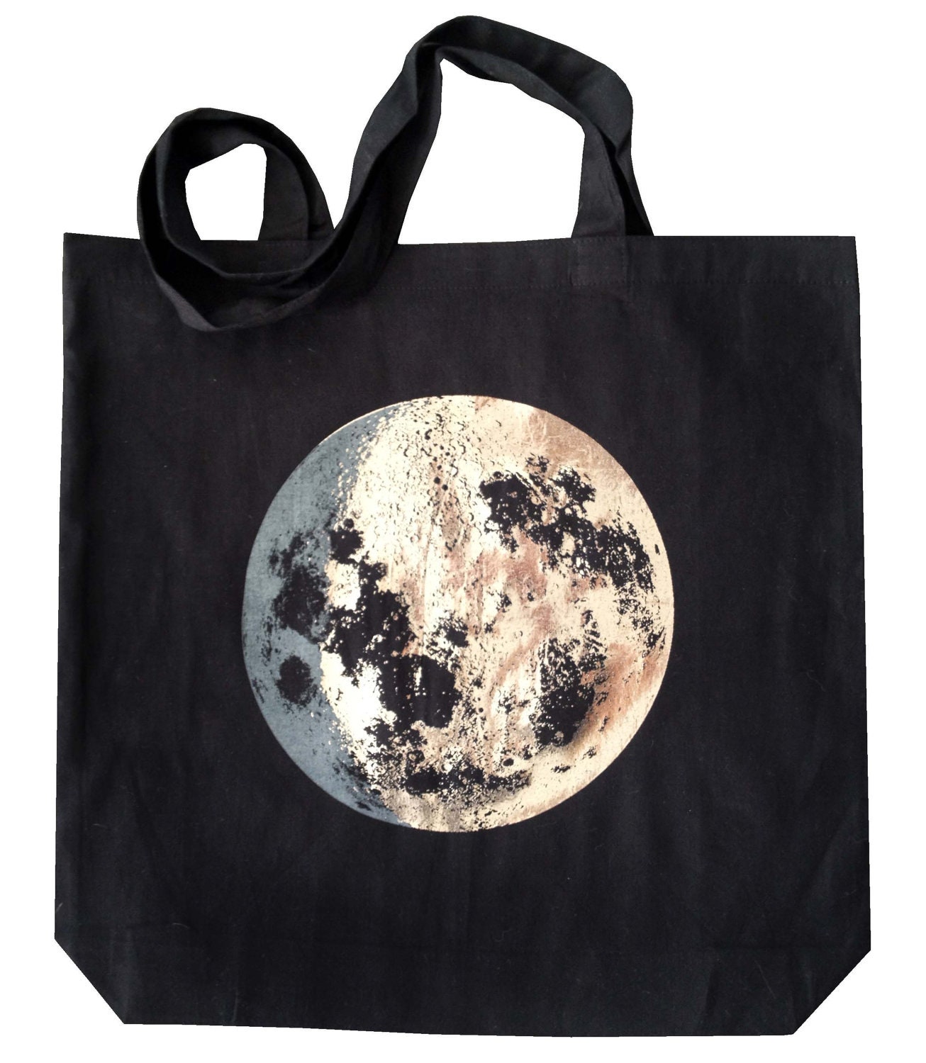 Black Silver Moon tote, eco-recycled fabric bag, metallic foil screenprint, very pretty in person, luna - alittlelark