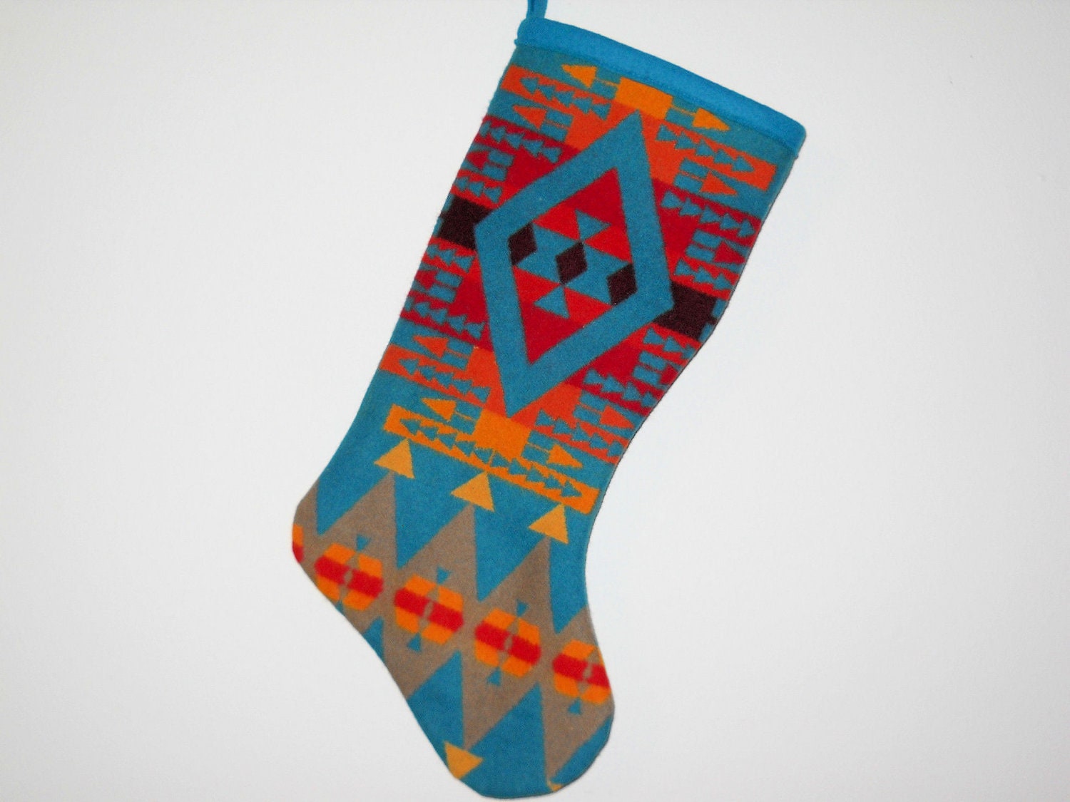 Christmas Stocking XL Wool Turquoise Big Sun Southwestern Geometric Tribal