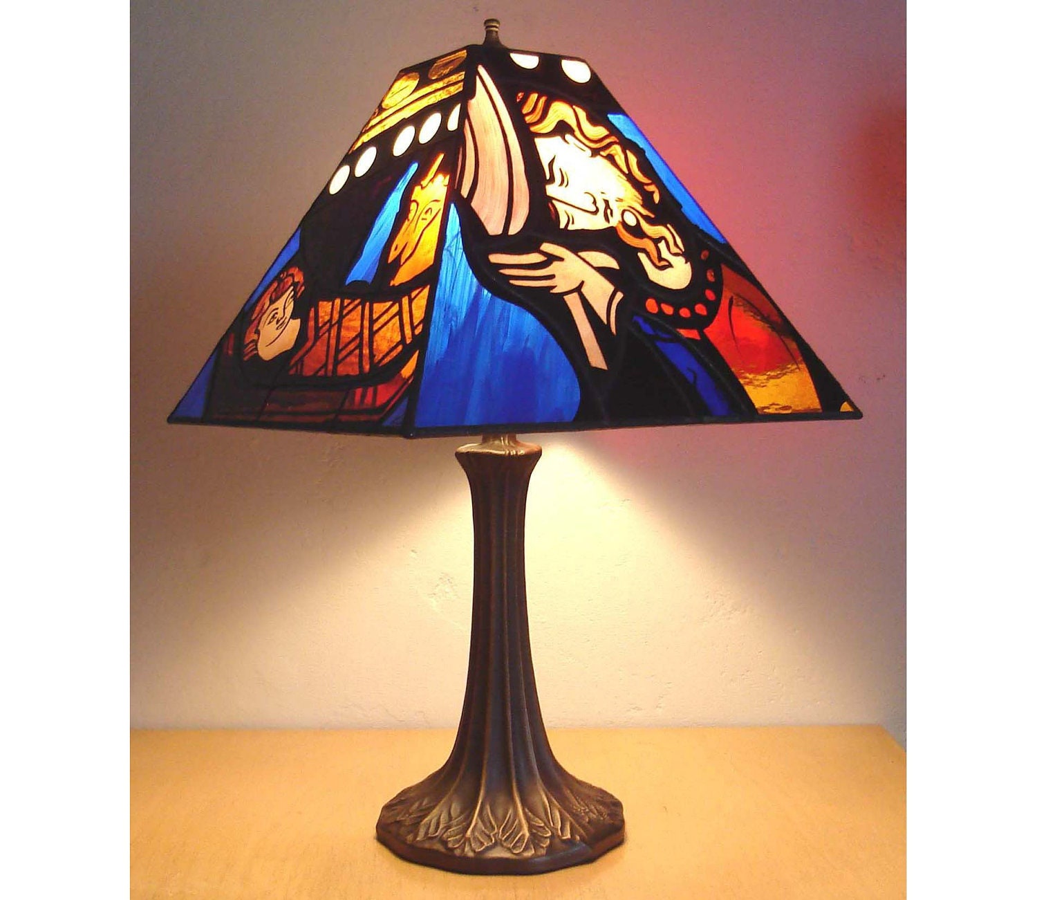 Stained Glass Table Lamp - Hand Painted Stained Glass Lampshade - Nativity