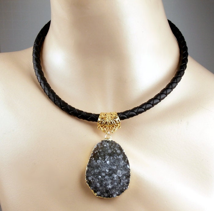 Druzy Slice Necklace Black Grey Druzy Choker Necklace Bold Black Leather Statement Necklace Gift for Her  - Dee