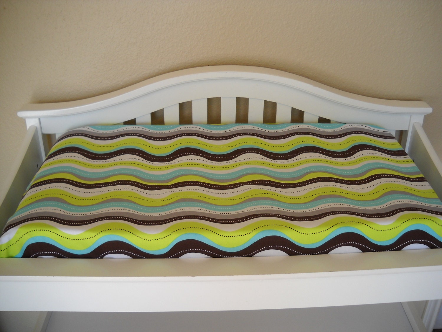 Changing Pad Cover - Ready to Ship - Modern Wavy Stripe  Gray Aqua LIme Chocolate  -  by Cottage Belles