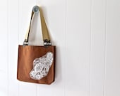 Waxed Canvas Tote Bag for women with Vintage Lace - Rusty Brown