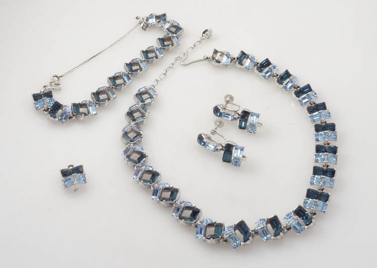 Vintage Deconstructed Icy Blue Rhinestone Necklace, Bracelet, and Earring Costume Set