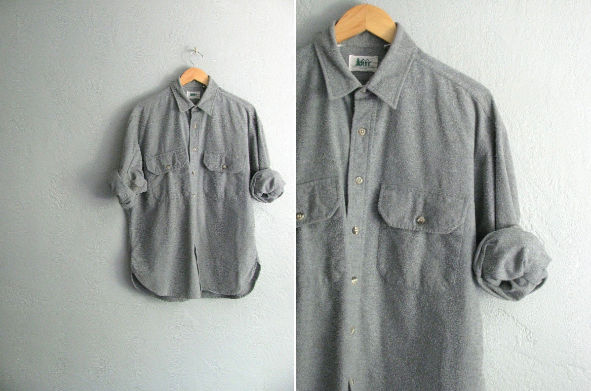 vintage men's '80s R.E.I. light GREY COTTON flannel. size xl xxl.