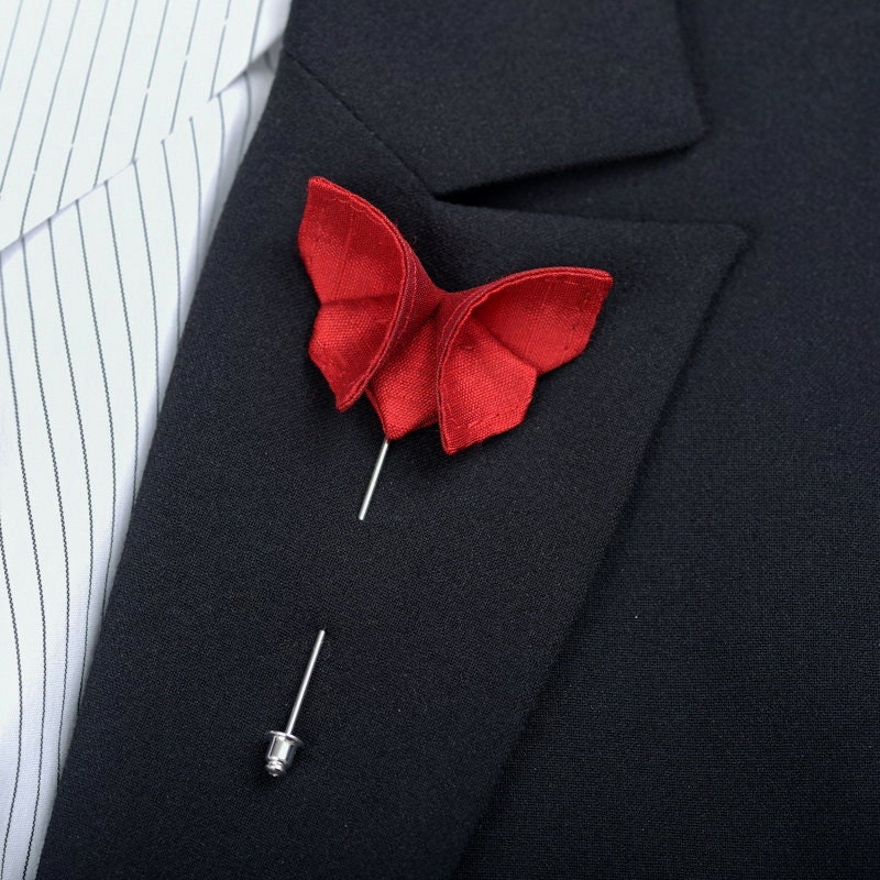 Bright Red Butterfly Christmas Wedding Boutonniere Lapel Pin Stick Pin Corsage Buttonhole Small Size GROUP DISCOUNT AVAILABLE