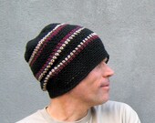 men's slouchy beanie/ black cotton crochet