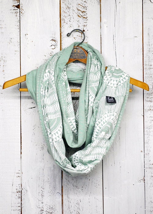 Okapi Infinity Scarf - Sea foam - modern hand printed jersey circle infinity scarf - by Bark Decor