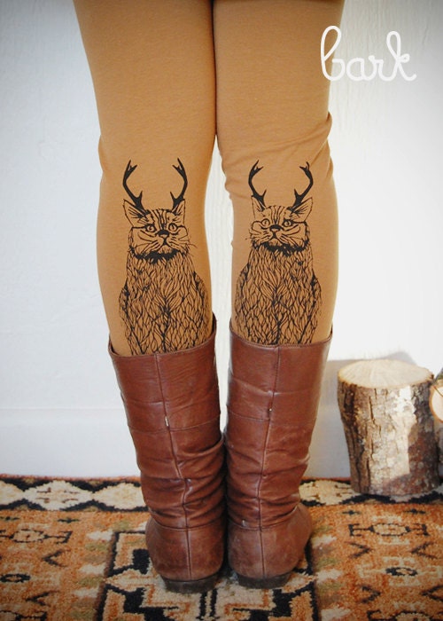 Wild Catalope Leggings - Womens Camel Jersey Spandex High Waist Cat wild catalope Leggings - Camel and Black - by Bark Decor