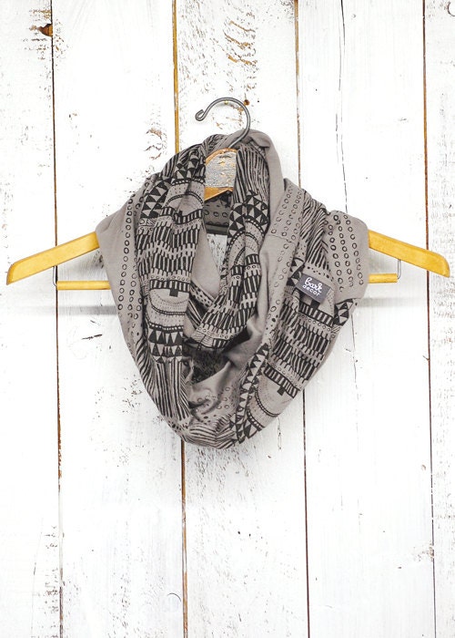 Okapi Infinity Scarf - Gravel and Black - modern printed jersey infinity circle scarf - by Bark Decor