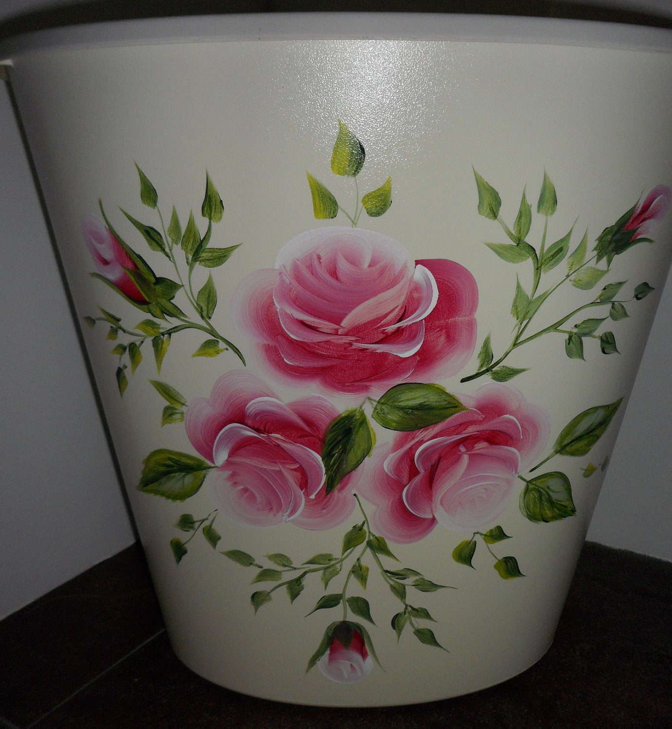 Custom Painted Desk,Office,Bathroom,Bedroom Trash Can Cottage Charm, Chic, Shabby