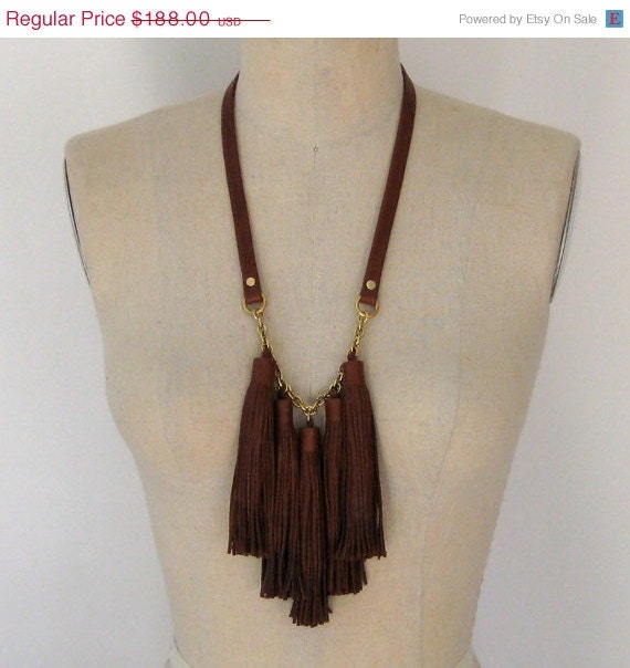 SALE Cognac Brown Leather Tassel Fringe Necklace -  Ready to ship