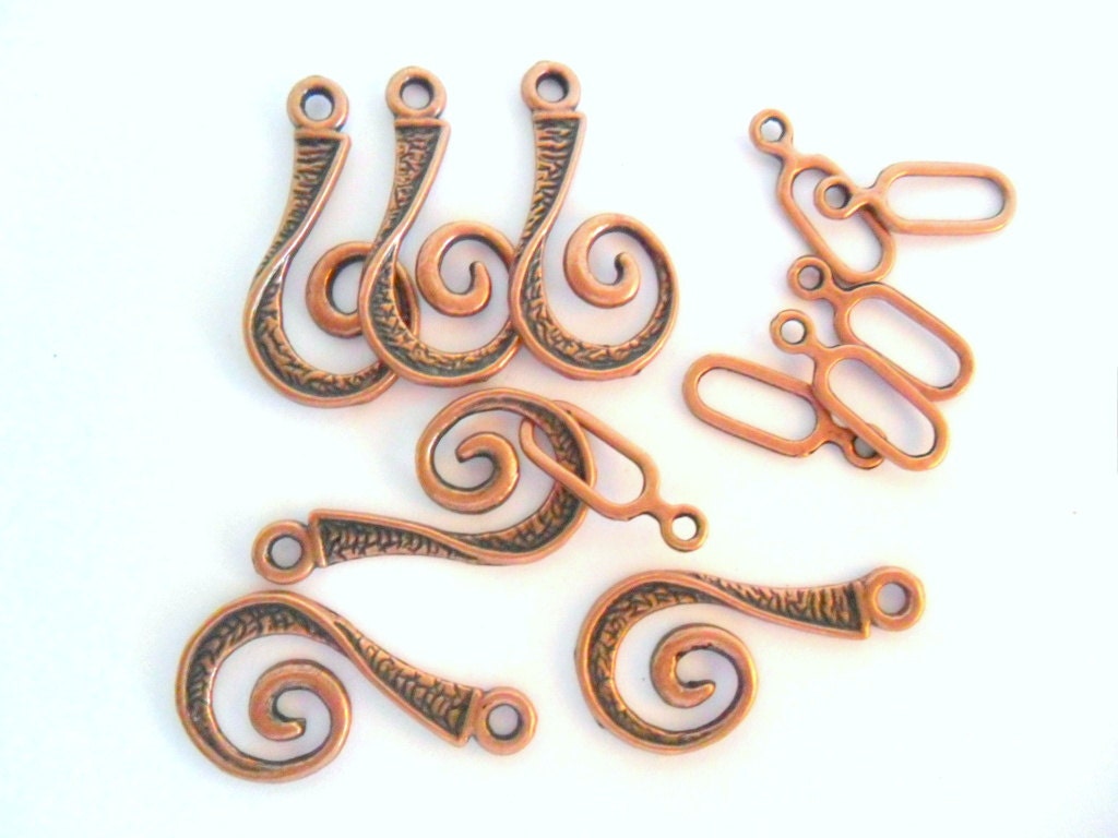 6 Spiral Clasps, Antiqued Copper Lead Free Pewter