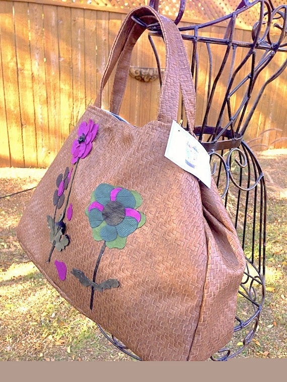 Leather-like Large Basketweave Hobo with Leather/Suede Applique Flowers