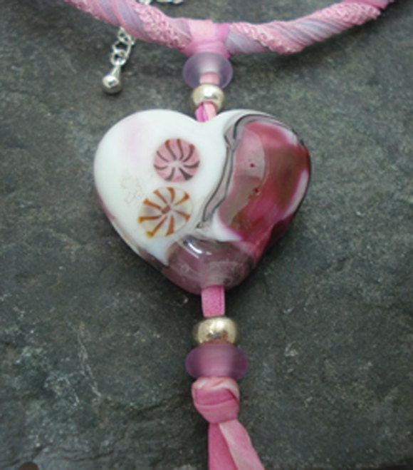 Pink lampwork heart necklace