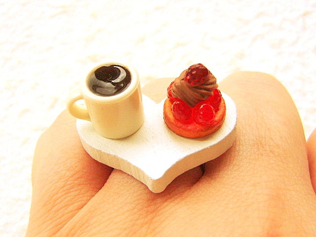 Food Ring  Coffee Strawberry Cake Miniature Food Jewelry