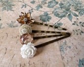 Neutral Tan & White Floral and Ornate Glass Bridal Hairpins / Bobbypins - Summer SALE 20% off