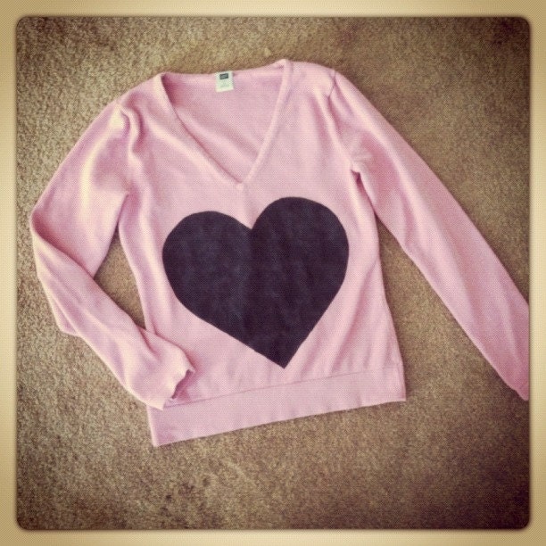 Heart Sweater hand stenciled pink and black OOAK upcycled size S