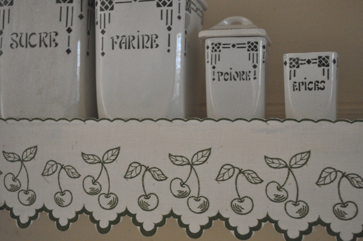 French Country Cottage Shelf Edging - Cherries in Olive Green