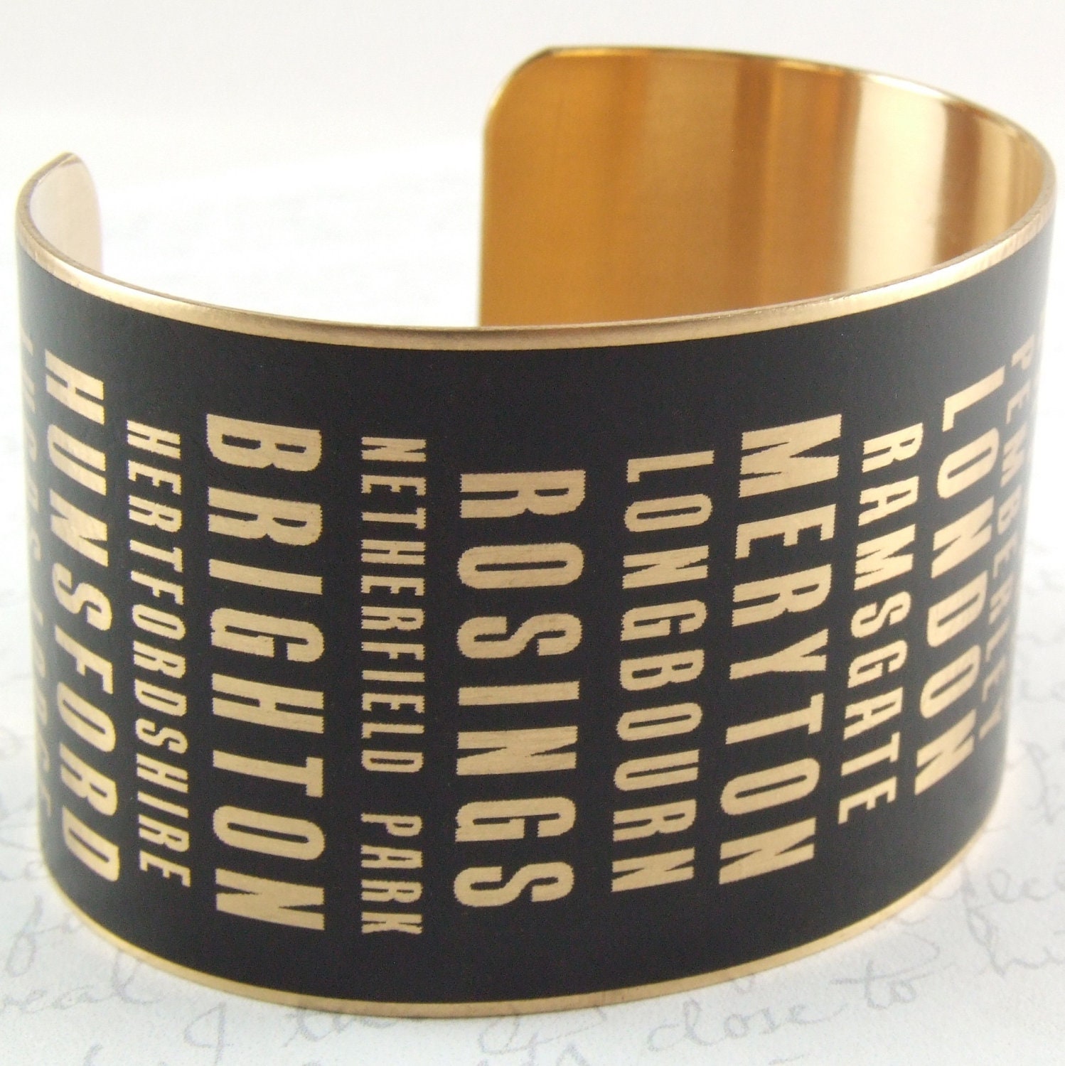 Pemberley - Typography Poster Style - Pride and Prejudice - Black Literary Brass Cuff - Subway Sign